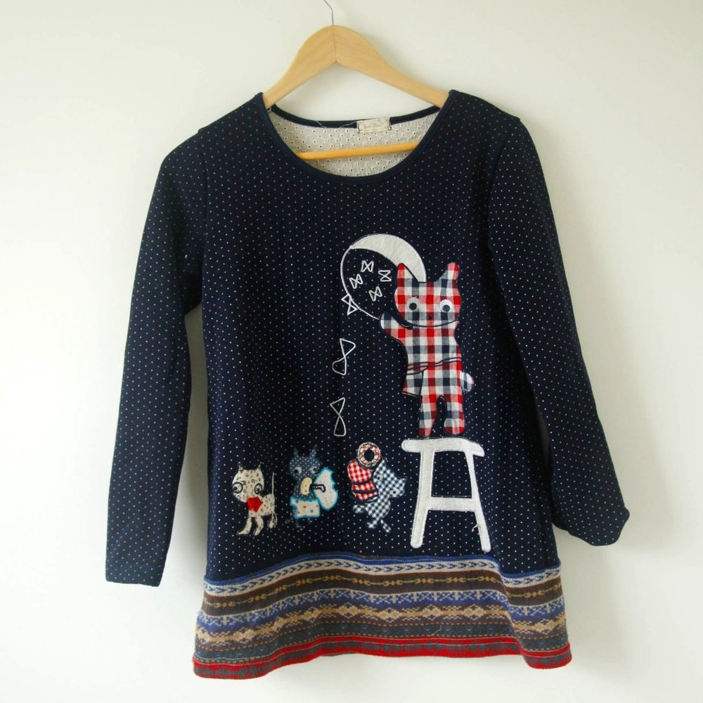 Patterned Fleece Sweater with Cat Applique